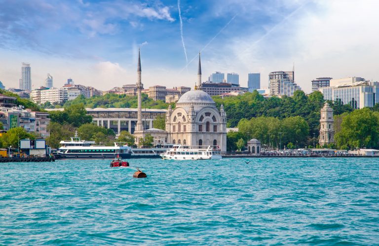 Dolmabahce Mosque and modern skyscraper, Istanbul, Turkey.